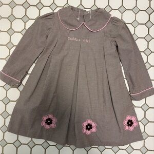 Castles and CrownsGirls Pink Trim Brown Gingham Dress with Pink Flower Appliques